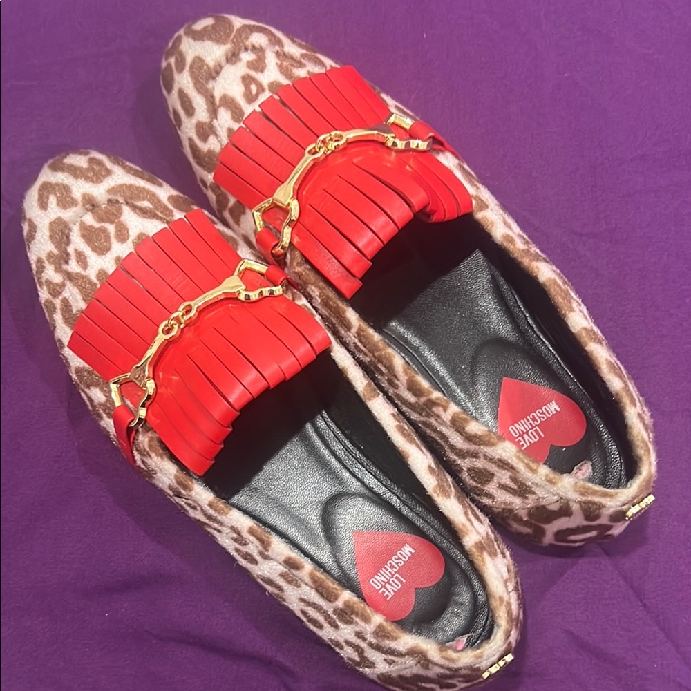 Moschino Red and Brown Flats with Leopard Print size 38